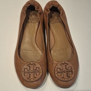 Tory Burch Women'sTan Brown Leather Logo Flats Size 8